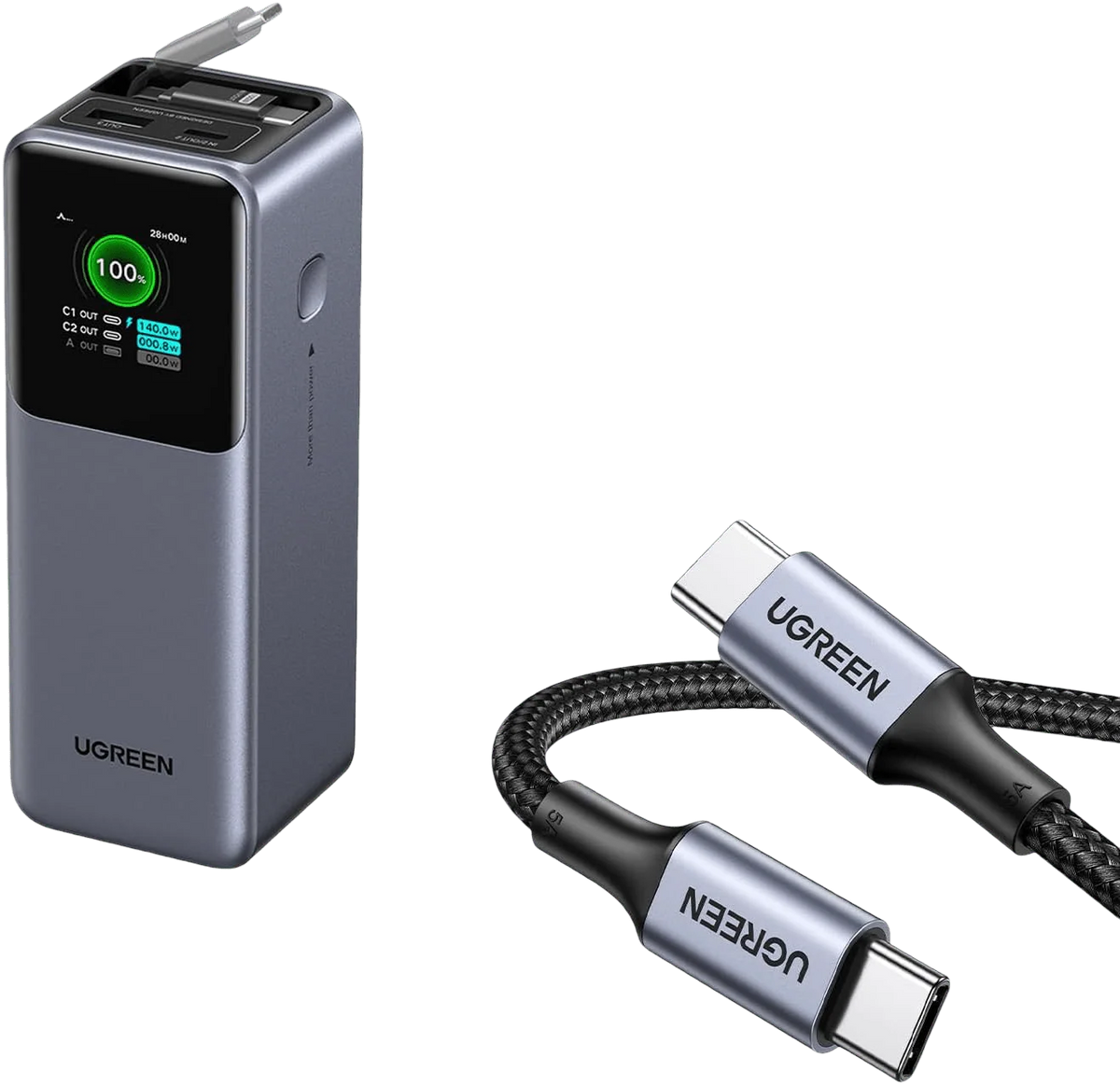 (Bundle) UGREEN Nexode 20000mAh 165W Power Bank + 2-Pack 100W USB-C Cables