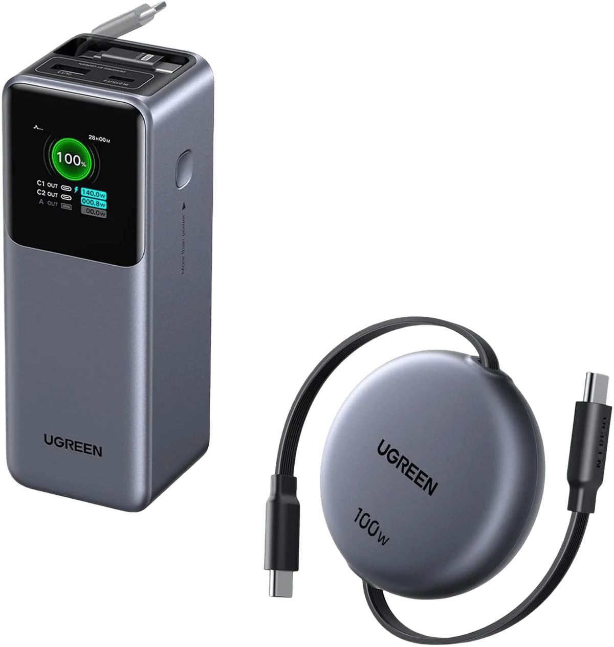 (Bundle) UGREEN Nexode 20000mAh 165W Power Bank + 100W Retractable USB-C Cable