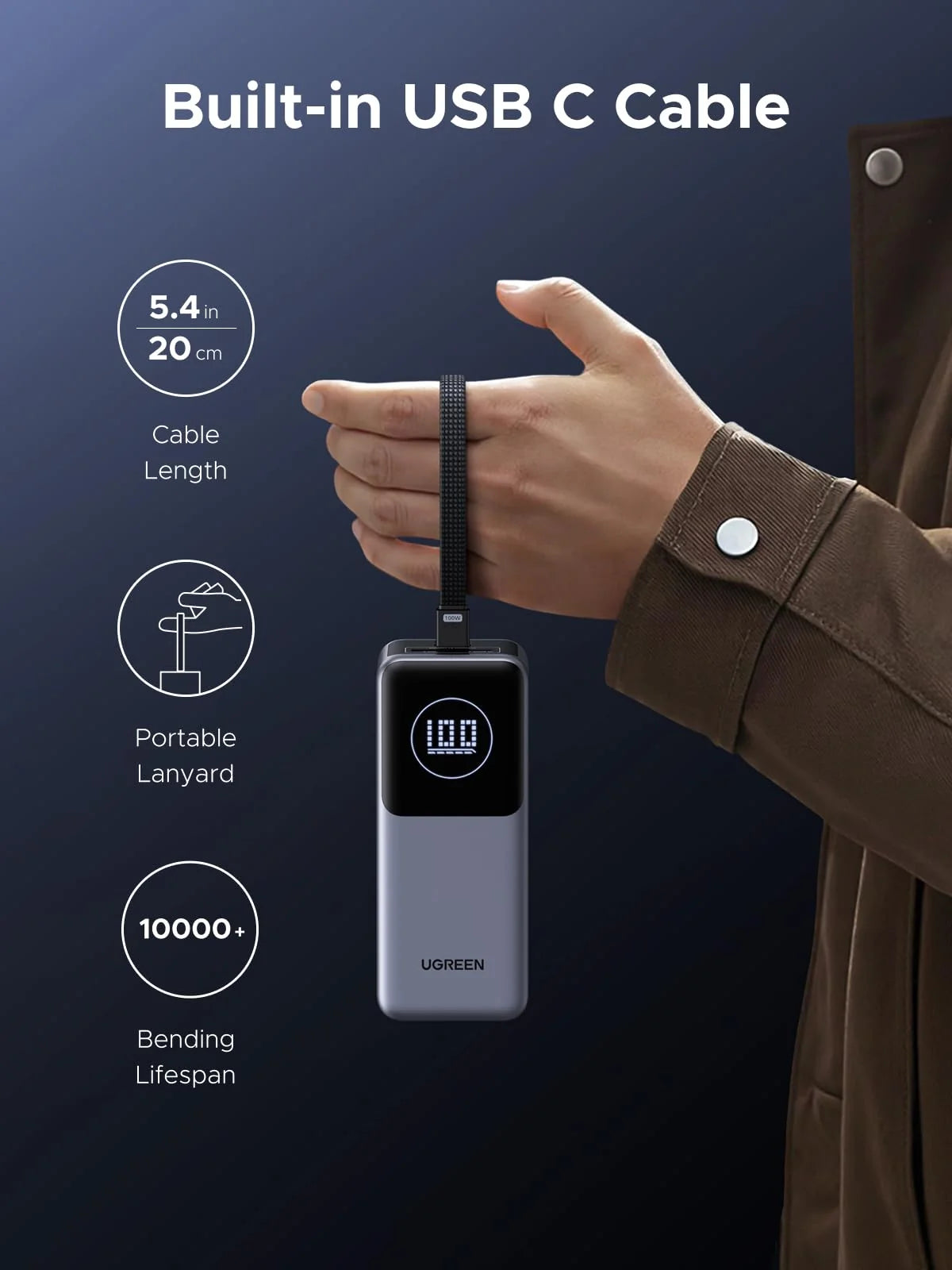 UGREEN Nexode Power Bank 20000mAh 130W with Built-in USB-C Cable
